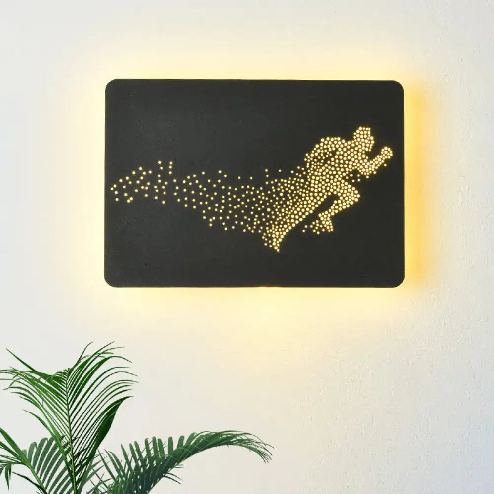 Minimalist black wall lamp fixture type featuring a glowing golden running man pattern 110v-120v bedroom LED lamp