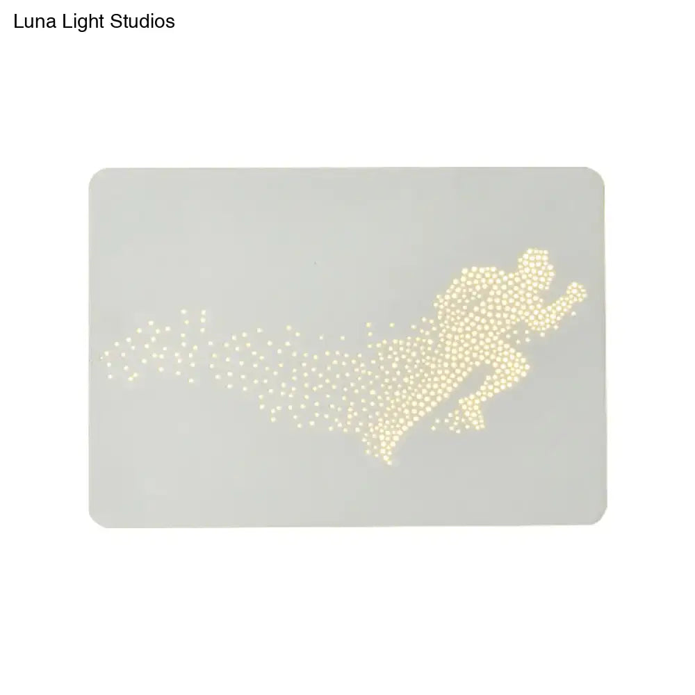Minimalist black running man led wall lamp fixture 110v-120v with light gray stencil and glowing golden dots silhouette