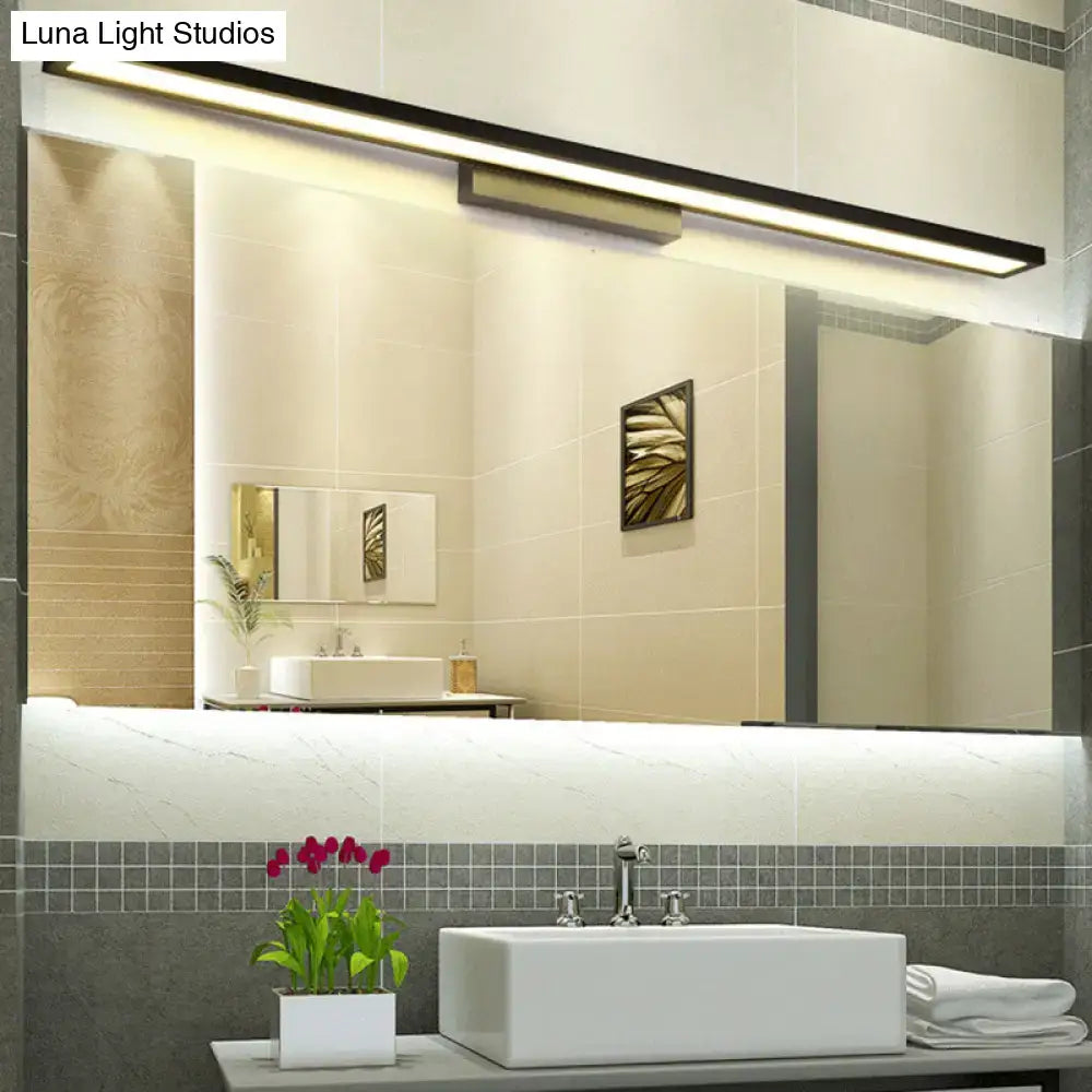 Minimalist black and silver bathroom vanity lamp with sleek rectangular LED mirror light and warm white illumination