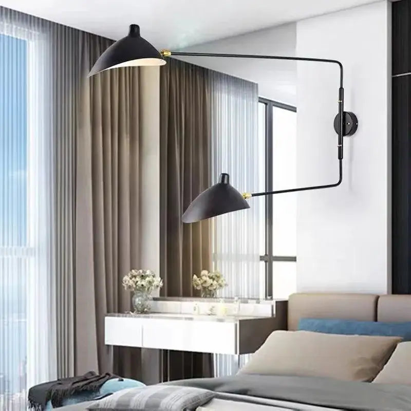 Minimalist black serge mouille wall lamp with two adjustable arms and conical shades for living room decorbites black serge