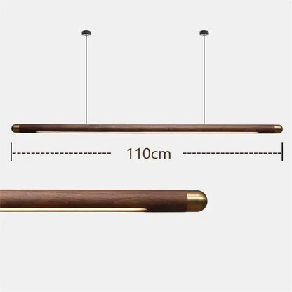 Minimalist black walnut wood pendant light with dark wood finish brass caps and integrated led strip for dining room decorbites