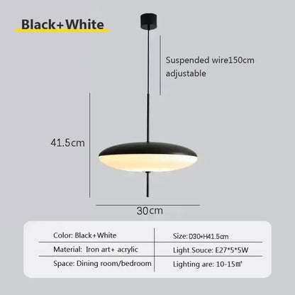 Minimalist black and white acrylic pendant light with iron art frame for dining room suspended disc design