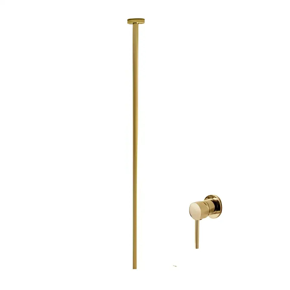 Gold-toned shower rod with matching wall-mounted faucet handle for minimalist black and white ceiling faucet bathroom mixer