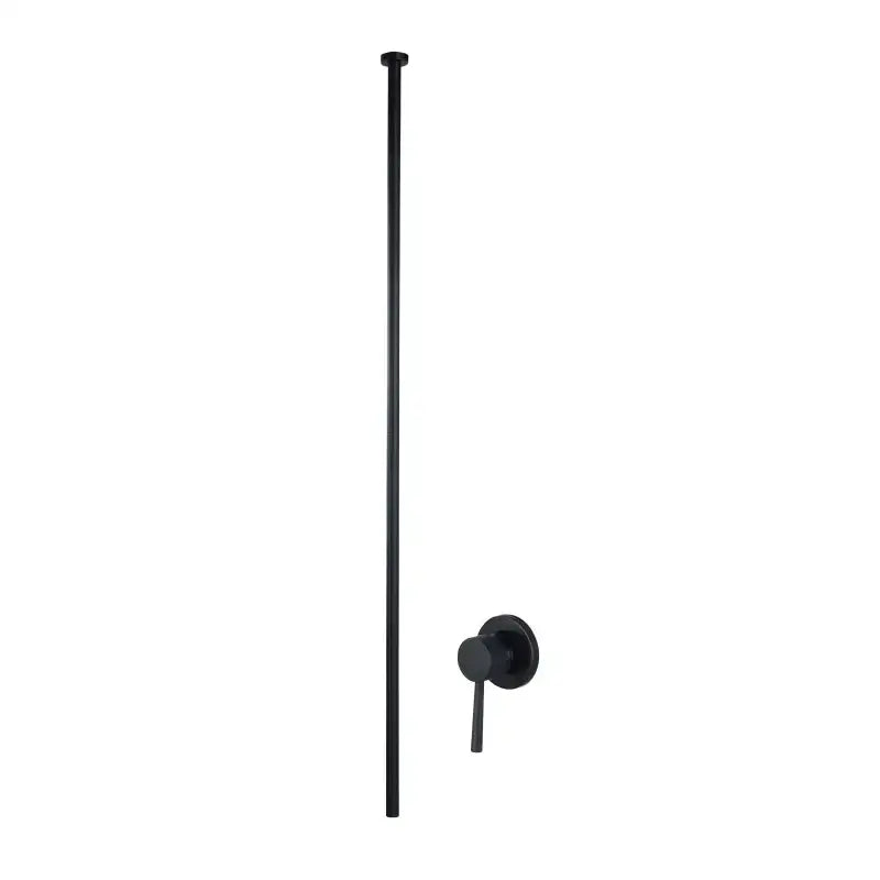 Black matte-finished shower rod with matching wall-mounted control valve in minimalist black and white ceiling faucet bathroom mixer