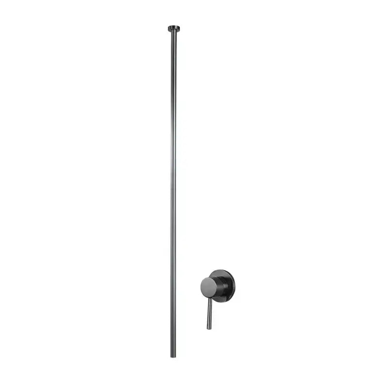 Black matte-finished shower rod with matching wall-mounted control valve in minimalist black and white ceiling faucet bathroom mixer