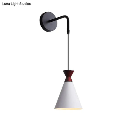 Minimalist black iron conical wall light with white shade and red accent band for bedroom wall sconce lighting