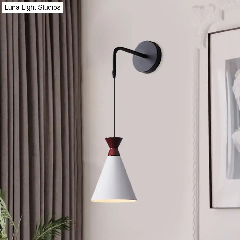 Minimalist black and white conical wall light with matte white shade and iron curved arm for bedroom use