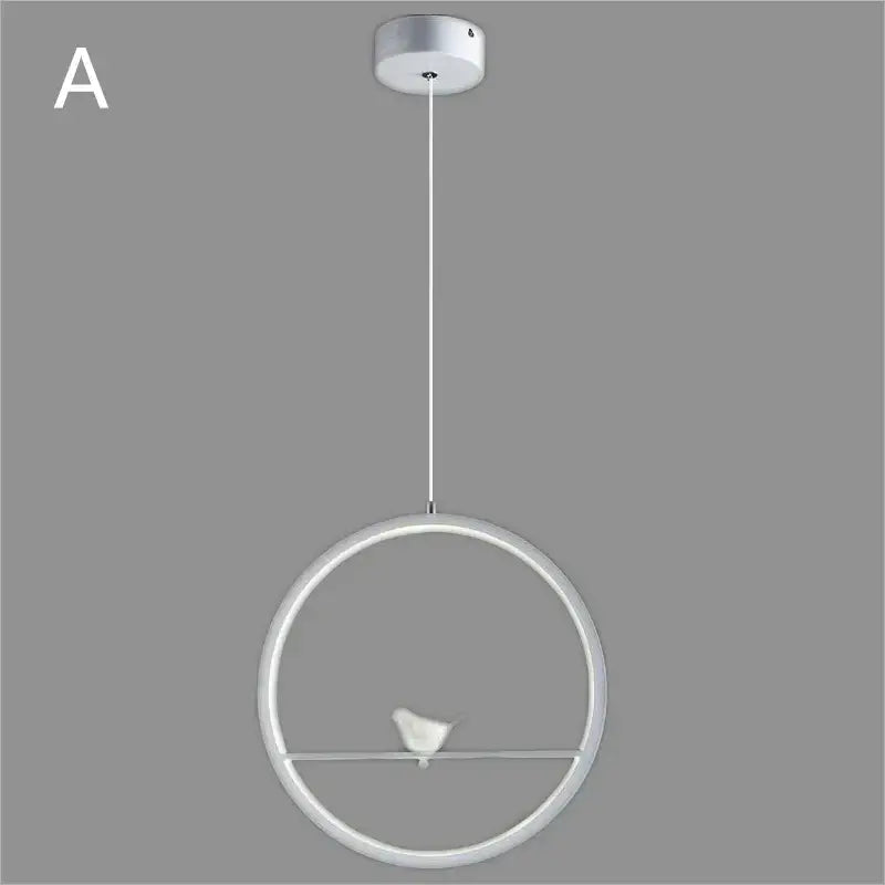 Modern white circular led ring pendant light with a small bird figurine in minimalist decorbites bird chandelier design