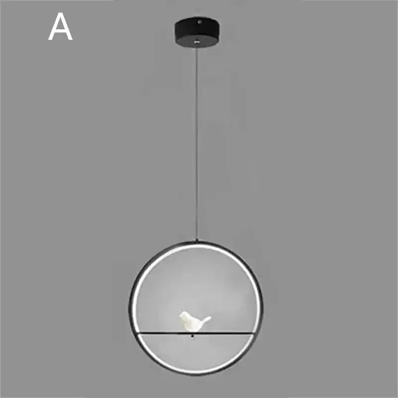 Minimalist black circular led pendant light with white ceramic bird figurine in a decorbites bird chandelier design