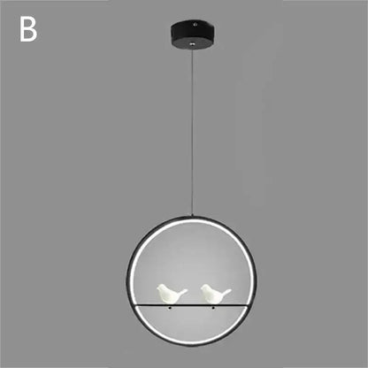 Minimalist black and white decorbites bird chandelier with circular led pendant light and ceramic bird figurines for dining room