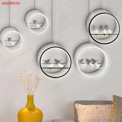 Modern circular led pendant decorbites bird chandelier in black and white with miniature bird figurines for dining rooms
