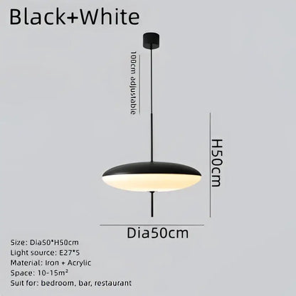 Minimalist black and white designer pendant light with sleek disc design made of iron and acrylic for dining room decor