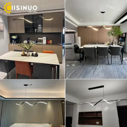 Minimalist black and white dimmable led linear chandelier with sleek curved design and thin black frame for dining room decorbites dimmable led