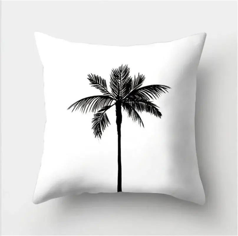 White throw pillow with a black palm tree silhouette featuring decorbites black white flocking pillowcase design