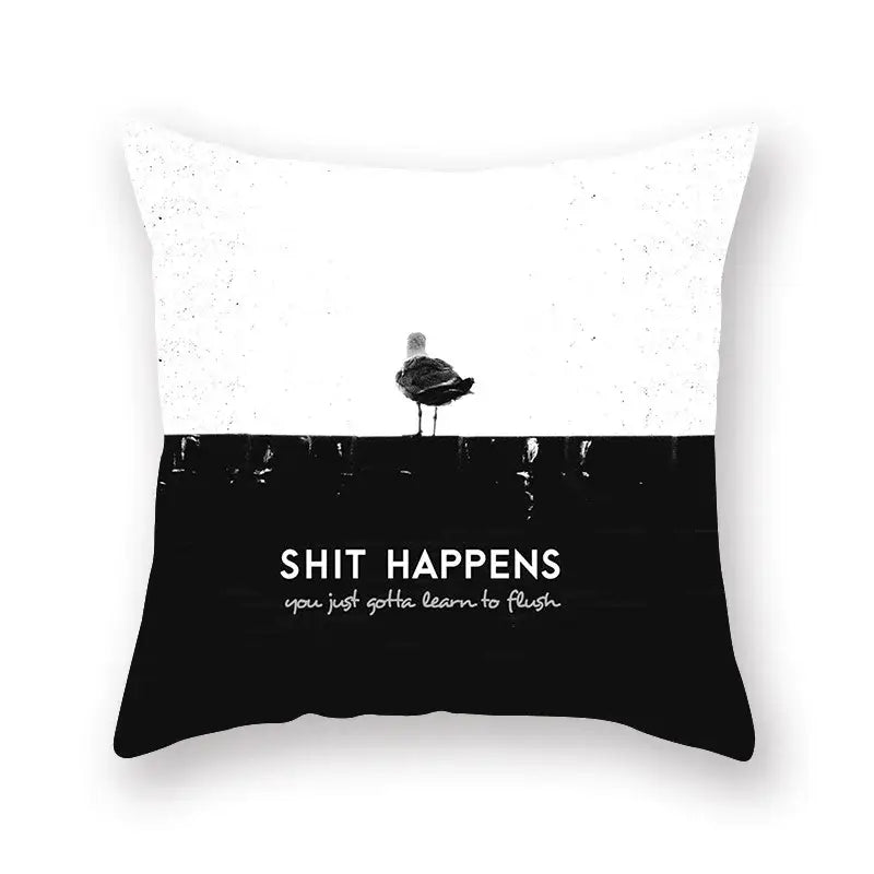 Black and white geometric cushion cover with minimalist seagull design and shit happens text for living room decorbites black geometric