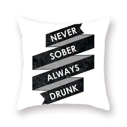 White throw pillow with bold black ribbon and never sober always drunk text featuring decorbites black geometric cushion cover