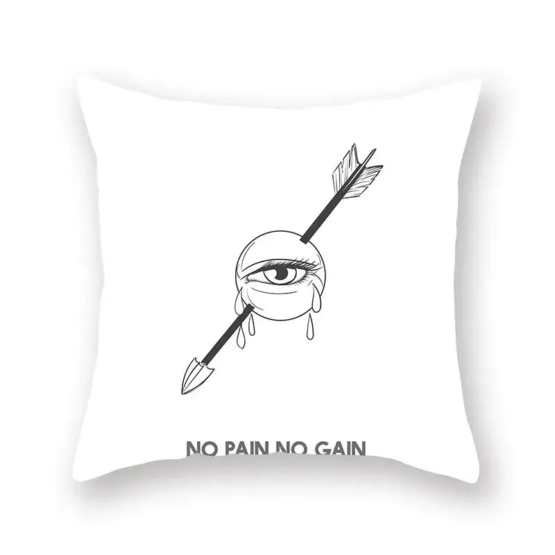 White throw pillow with black line-art eye design and no pain no gain text minimalist decorbites black geometric cushion cover
