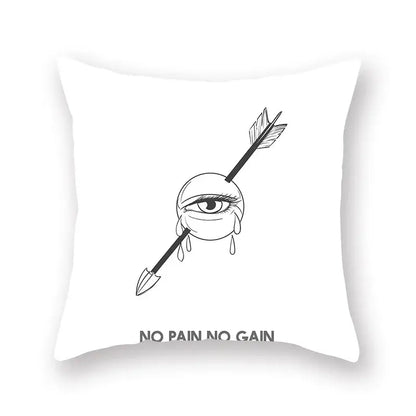 White throw pillow with black line-art eye design and no pain no gain text minimalist decorbites black geometric cushion cover