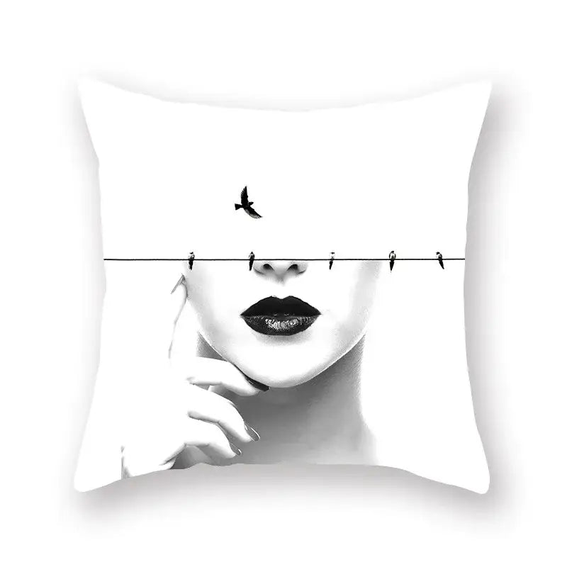 White square decorbites black geometric cushion cover with artistic woman face and birds for living room decor