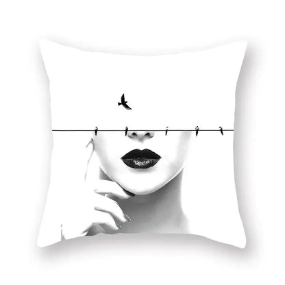 White square decorbites black geometric cushion cover with artistic woman face and birds for living room decor
