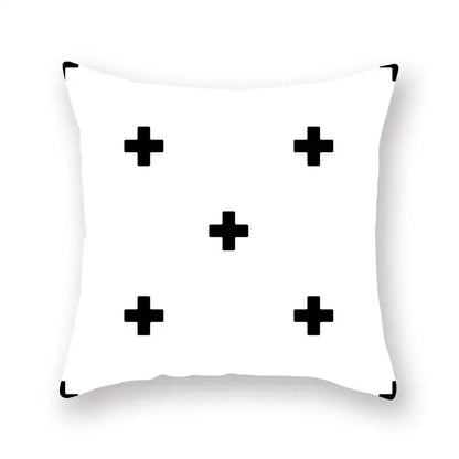 Minimalist white throw pillow with five bold black plus signs geometric cushion cover for decorbites black geometric decor