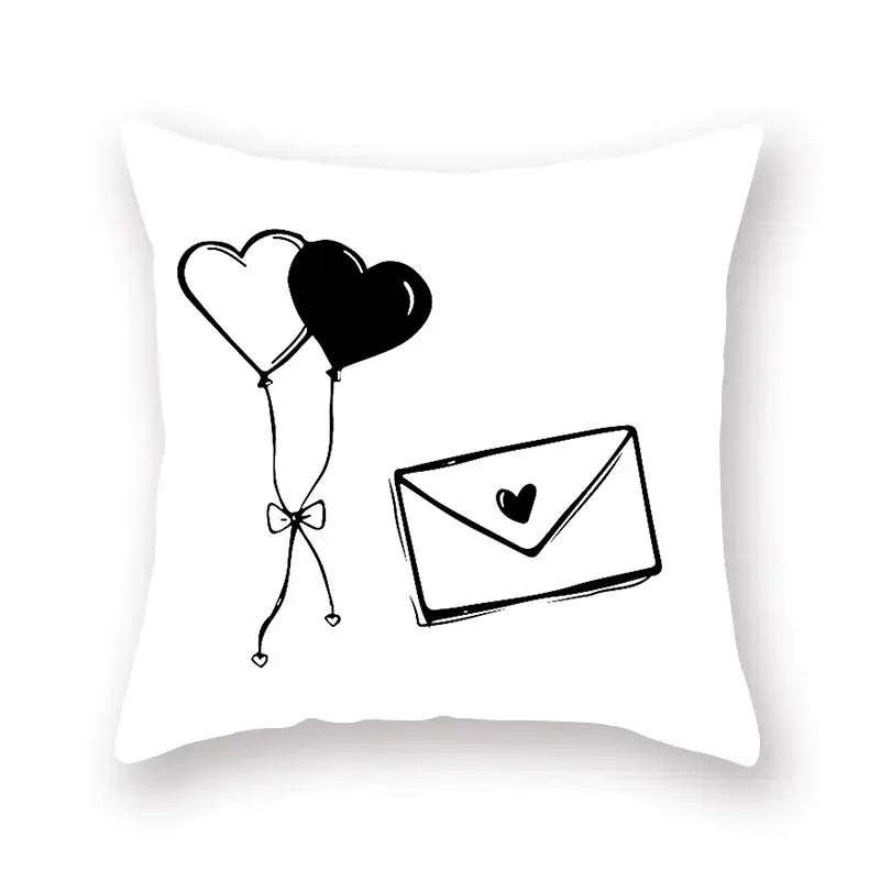White throw pillow with black ink sketch of heart balloons and envelope for decorbites black geometric cushion cover