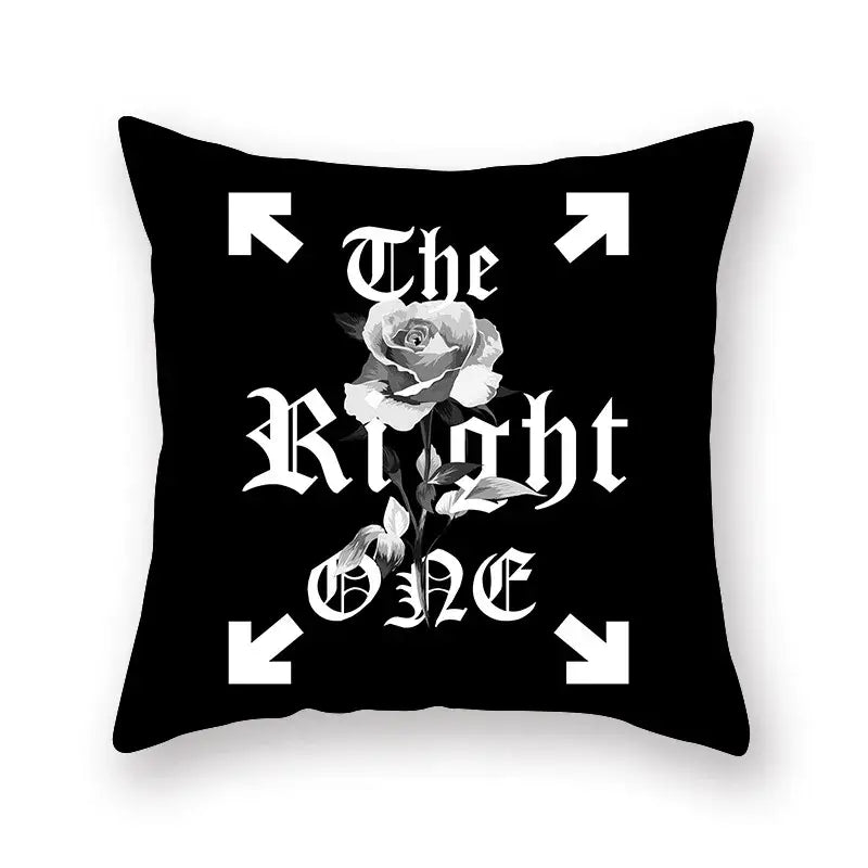 Minimalist black geometric cushion cover featuring a white rose and the text the right one for living room decorbites decor