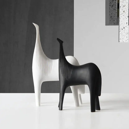 Minimalist black and white ceramic horse abstract ornaments with vertical ridges for home decor living room display