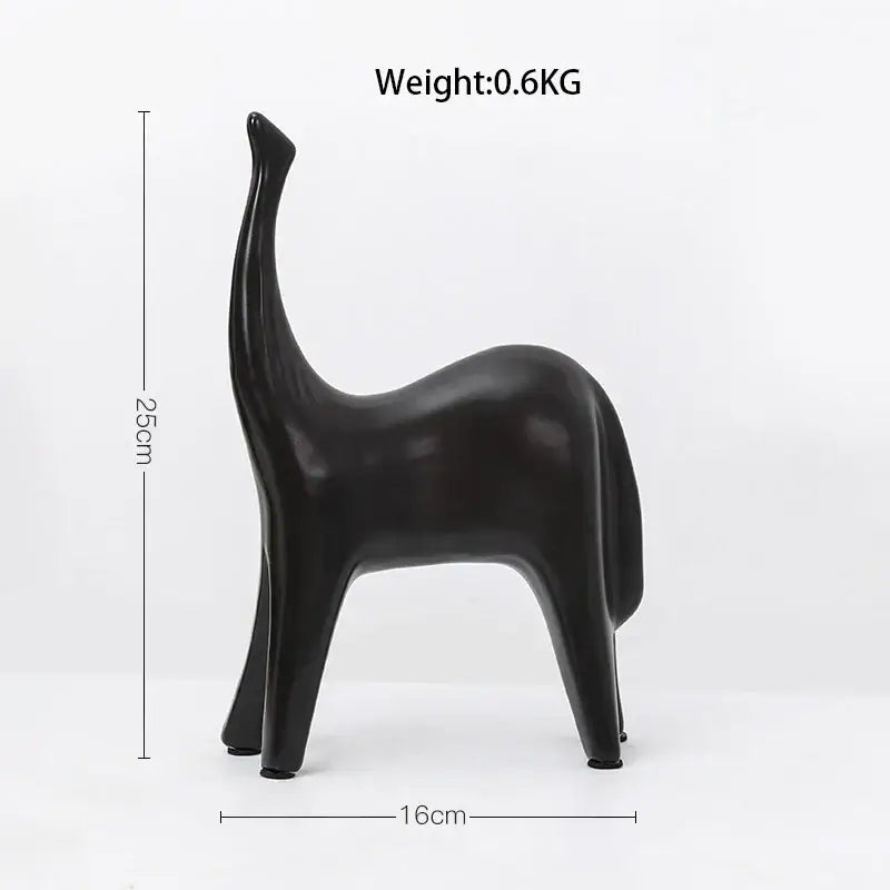 Black glossy resin figurine of a stylized elongated horse abstract ornament for minimalist home decor