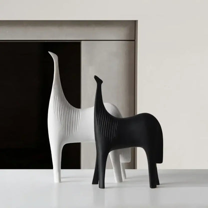 Minimalist black and white ceramic horse abstract ornaments with sleek stylized design for home decor