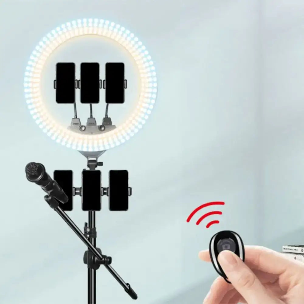 Minimalist black and white led ring light with three phone mounts and microphone stand featuring adjustable color temperature