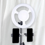 Minimalist black and white 10 inch led ring light bedroom fixture with white circular ring and black phone holder on stand