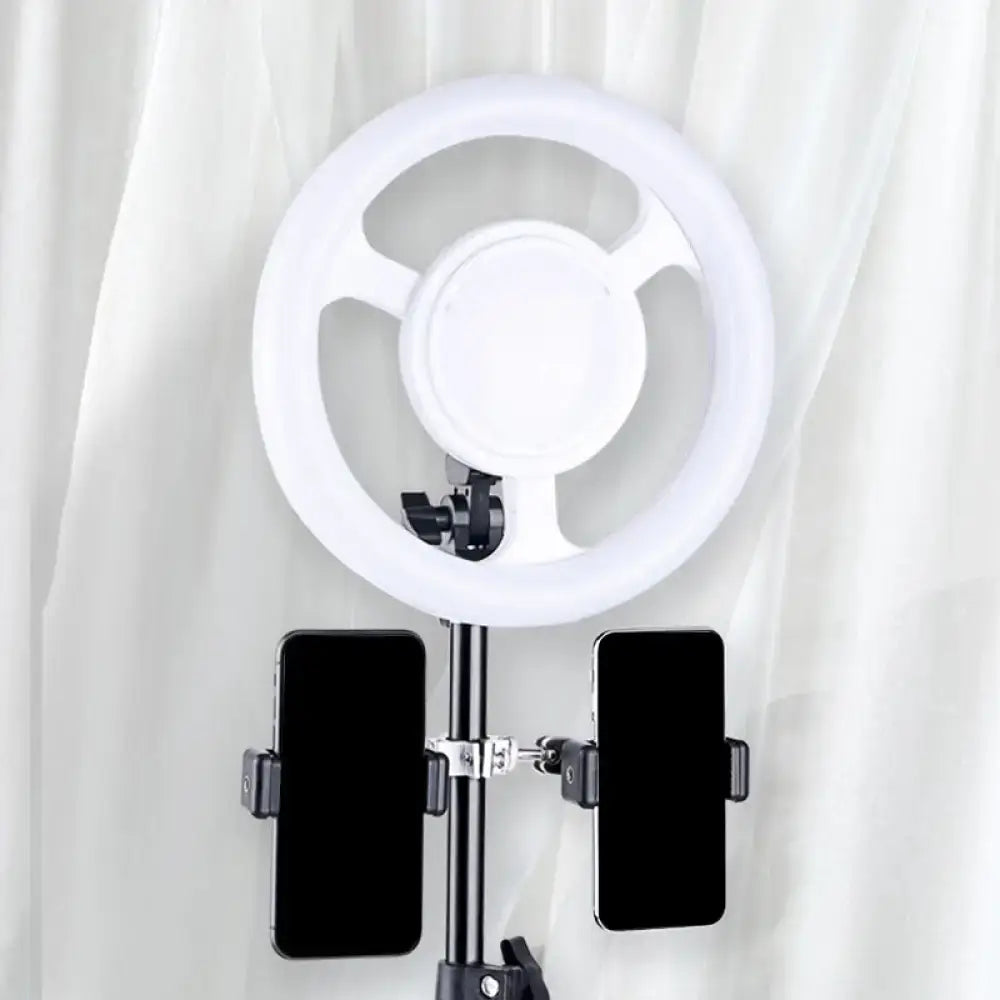 Minimalist black and white 10 inch led ring light bedroom fixture with white circular ring and black phone holder on stand