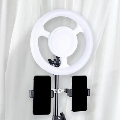 Minimalist black and white 10 inch led ring light bedroom fixture with white circular ring and black phone holder on stand