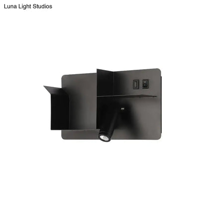 Minimalist black metal tubular wall light with bulb base, usb port, and switch for bedroom reading sconce lighting