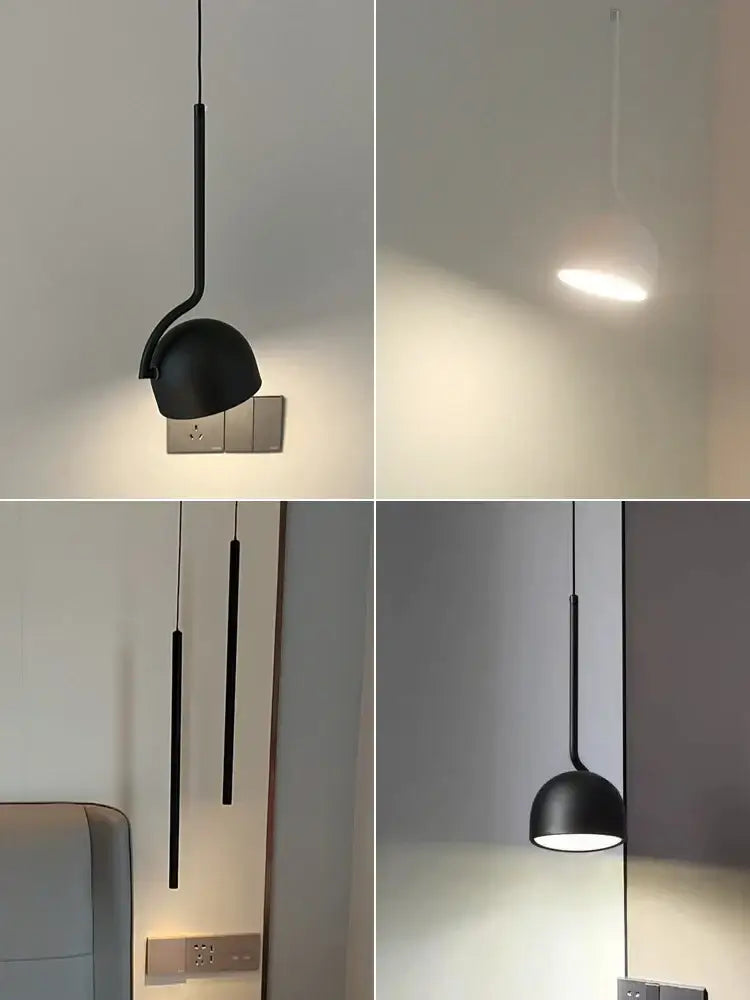 Black matte finished modern pendant light with sleek curved stem and dome shade for dining room use