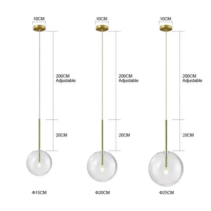 Minimalist clear glass ball pendant light with brass hardware and adjustable chains for dining room decorbites pendant light