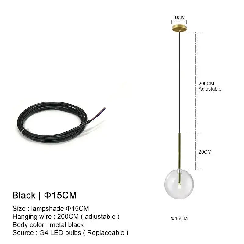 Minimalist black spherical glass pendant light with brass mount and metal wire for dining room decorbites clear glass ball