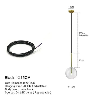 Minimalist black spherical glass pendant light with brass mount and metal wire for dining room decorbites clear glass ball