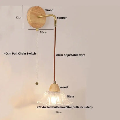 Minimalist wall light with circular wooden backplate copper arm clear glass shade and pull chain switch decorbites clear glass