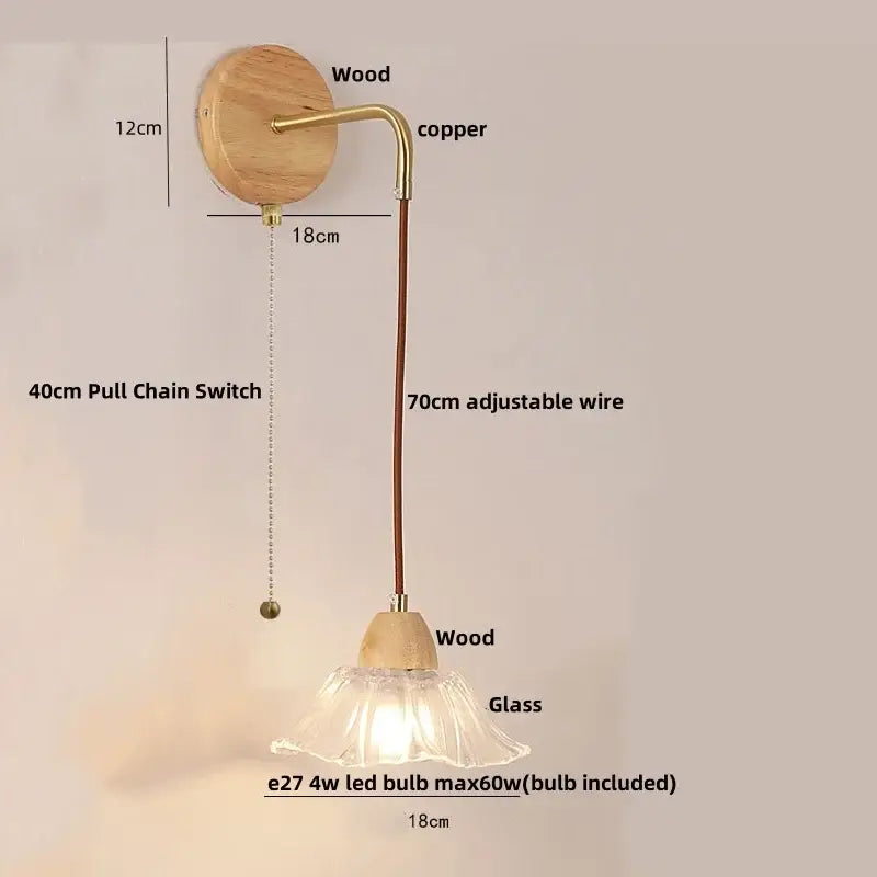 Minimalist wall light with circular wooden backplate copper arm clear glass shade and pull chain switch decorbites clear glass
