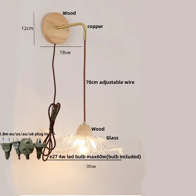 Minimalist brass and clear glass wall light with rustic wooden and copper mount for bedroom decorbites clear glass style
