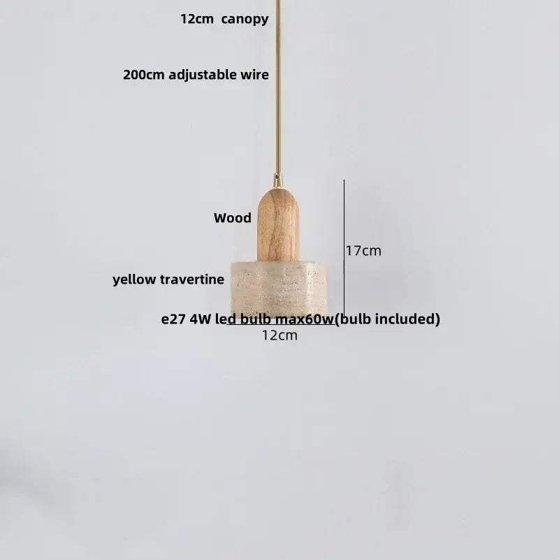 Minimalist pendant light with 12cm wooden canopy and yellow travertine base featuring decorbites copper yellow led accents