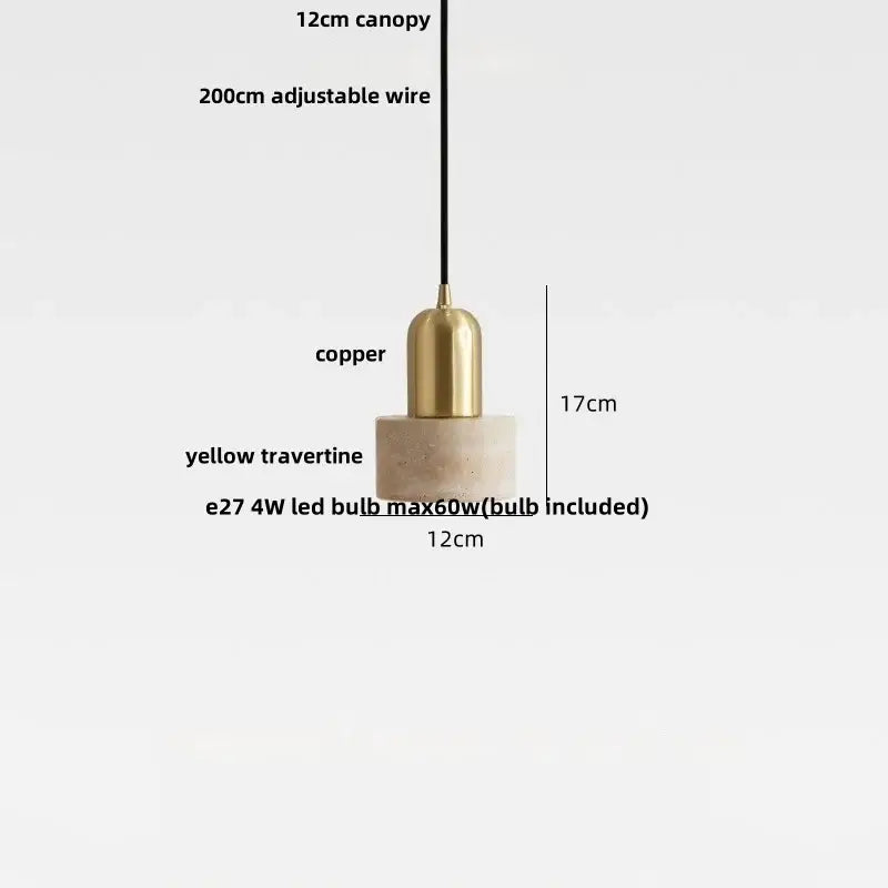 Minimalist brass and beige concrete pendant light with polished copper top and yellow travertine base for dining room decorbites copper yellow led