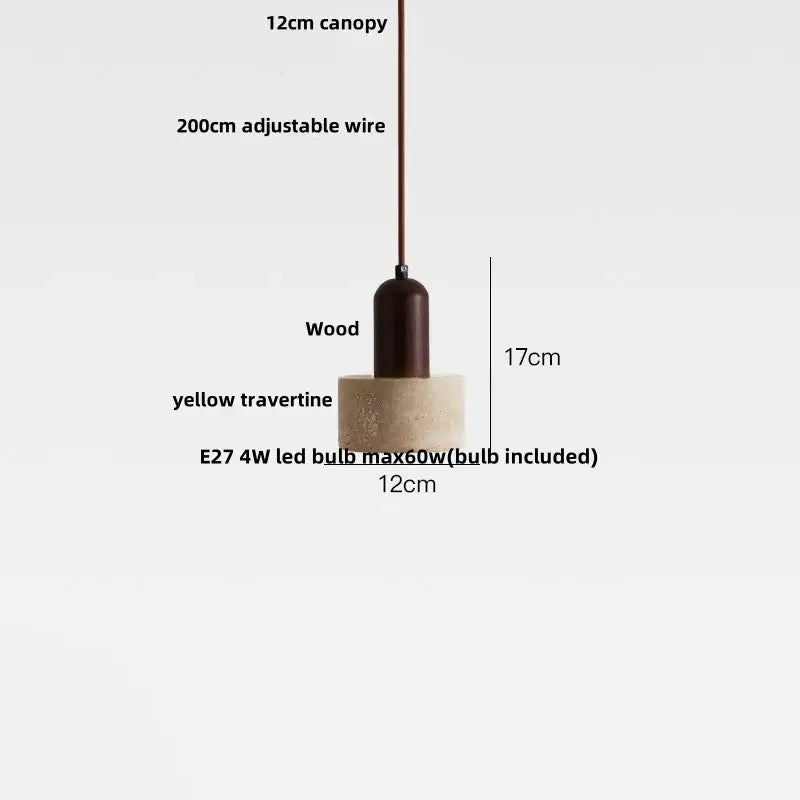 Minimalist brass and beige concrete pendant light with 12cm canopy wooden base on yellow travertine stone decorbites copper yellow led
