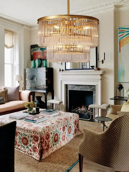 Minimalist brass glass bar chandelier with gold finish and cascading clear prisms for living room decorbites brass glass