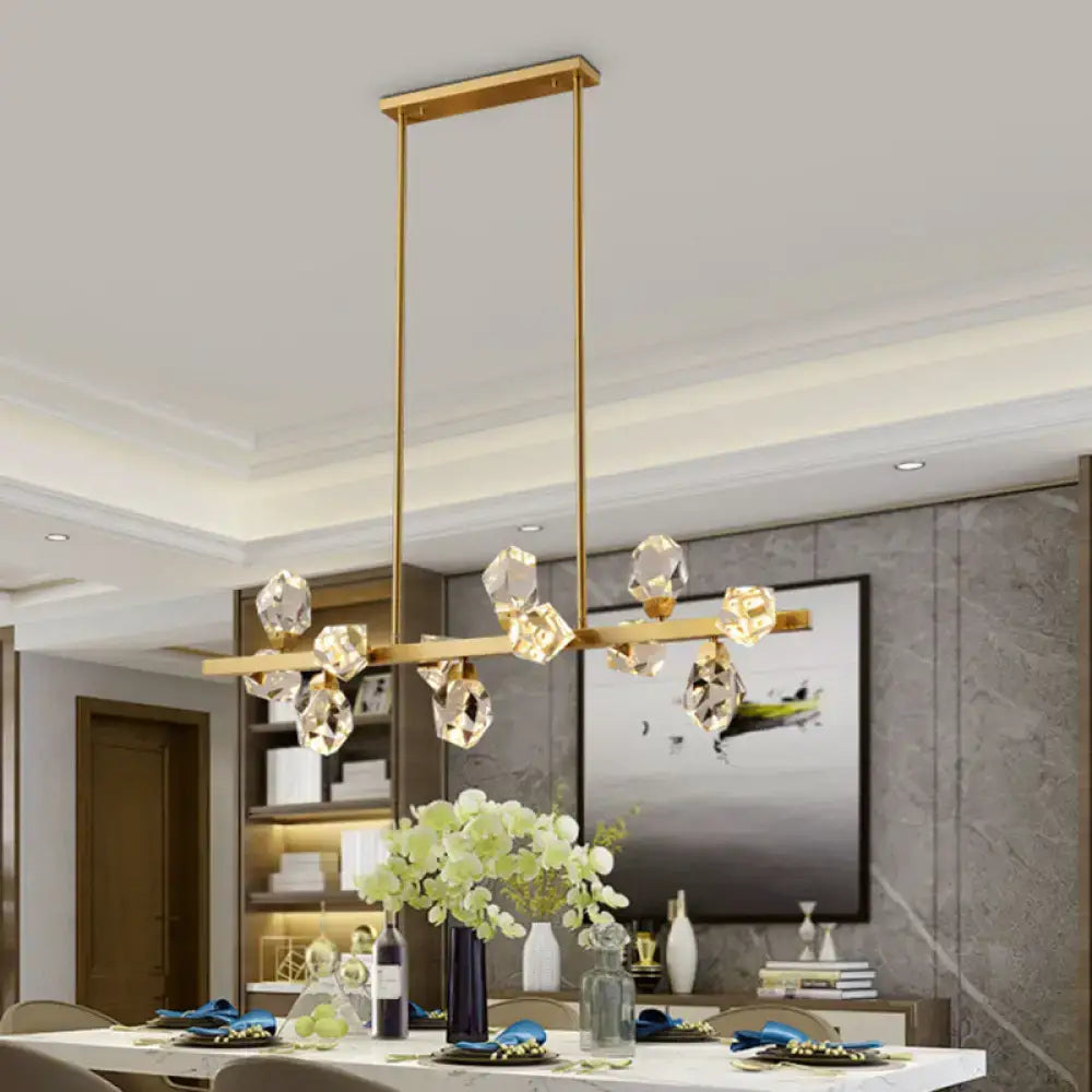 Gold-toned minimalist brass led gemstone dining room ceiling light with faceted crystal pendants on rectangular frame