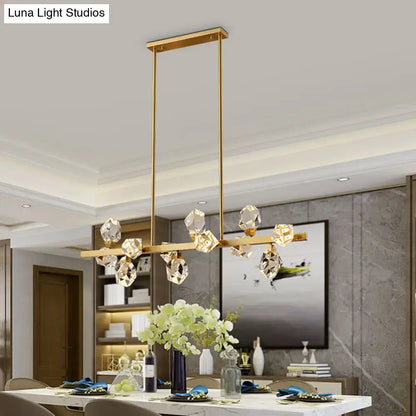 Gold-toned minimalist brass led gemstone dining room ceiling light with faceted crystal accents above a table