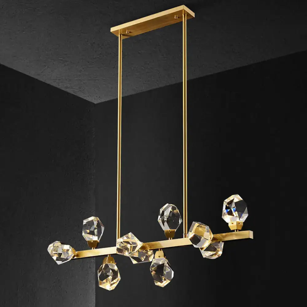 Minimalist brass led gemstone dining room ceiling light with gold-toned frame and clear faceted crystal droplets