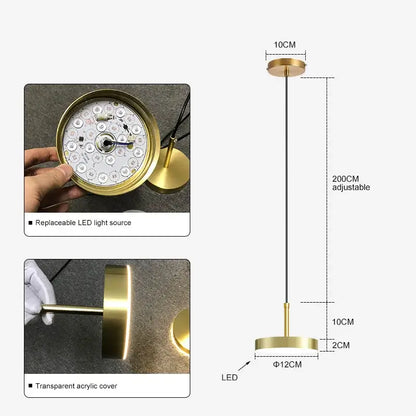 Minimalist gold-finished decorbites brass led pendant lights with circular led bulb and adjustable 200cm cable for dining room decor